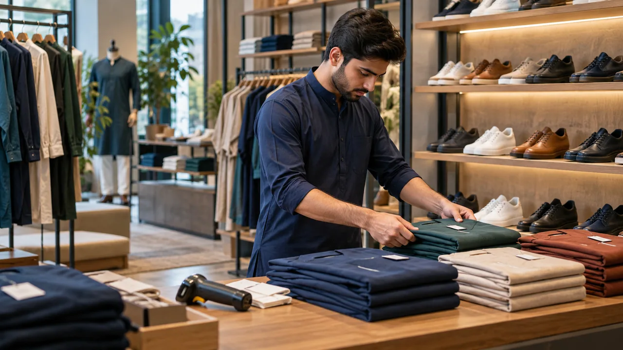 Editorial illustration: An apparel retailer scans folded garments beside shoe and clothing displays.