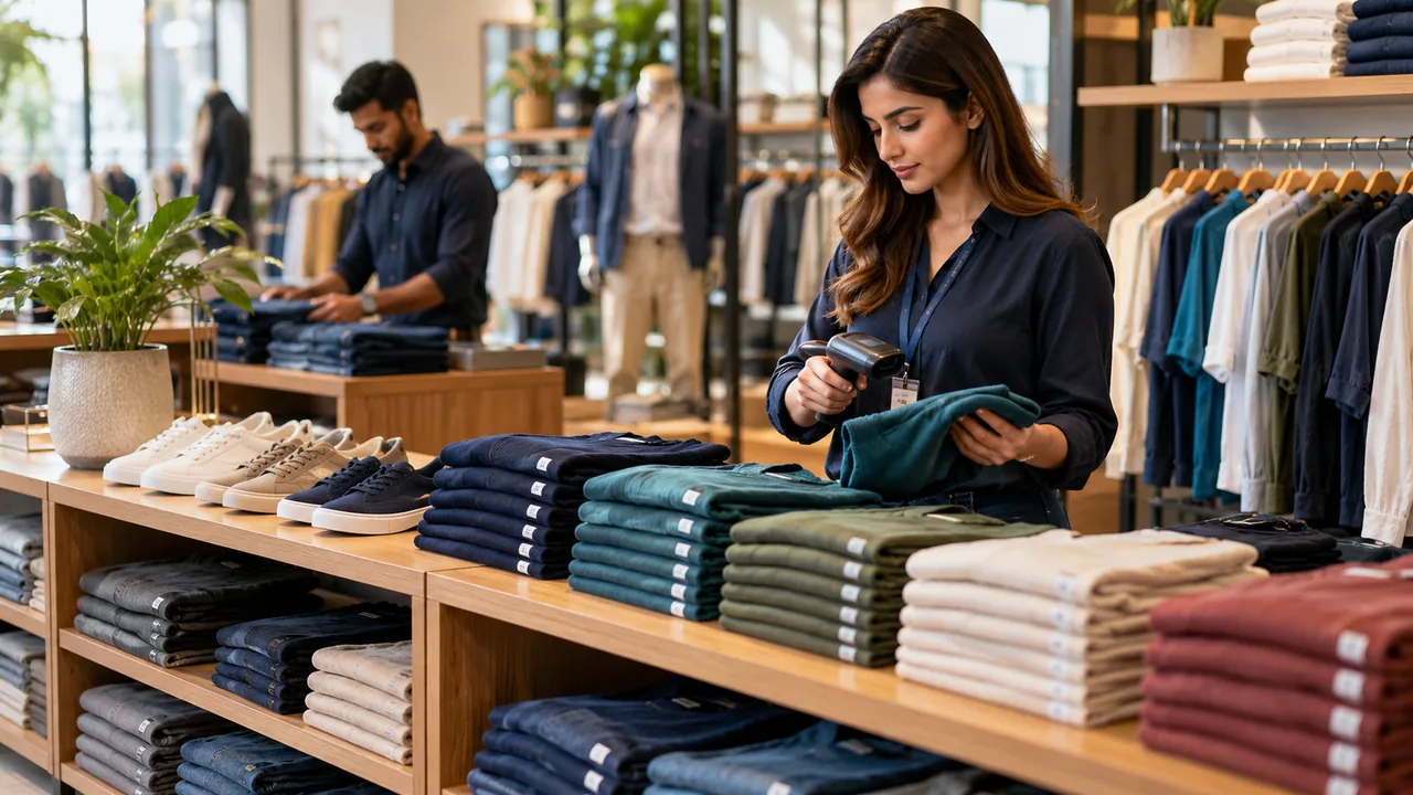 Editorial illustration: Beautiful fashion stock display with folded garments grouped by colour and size, a matching footwear selection and precise barcode hardware, premium retail editorial.