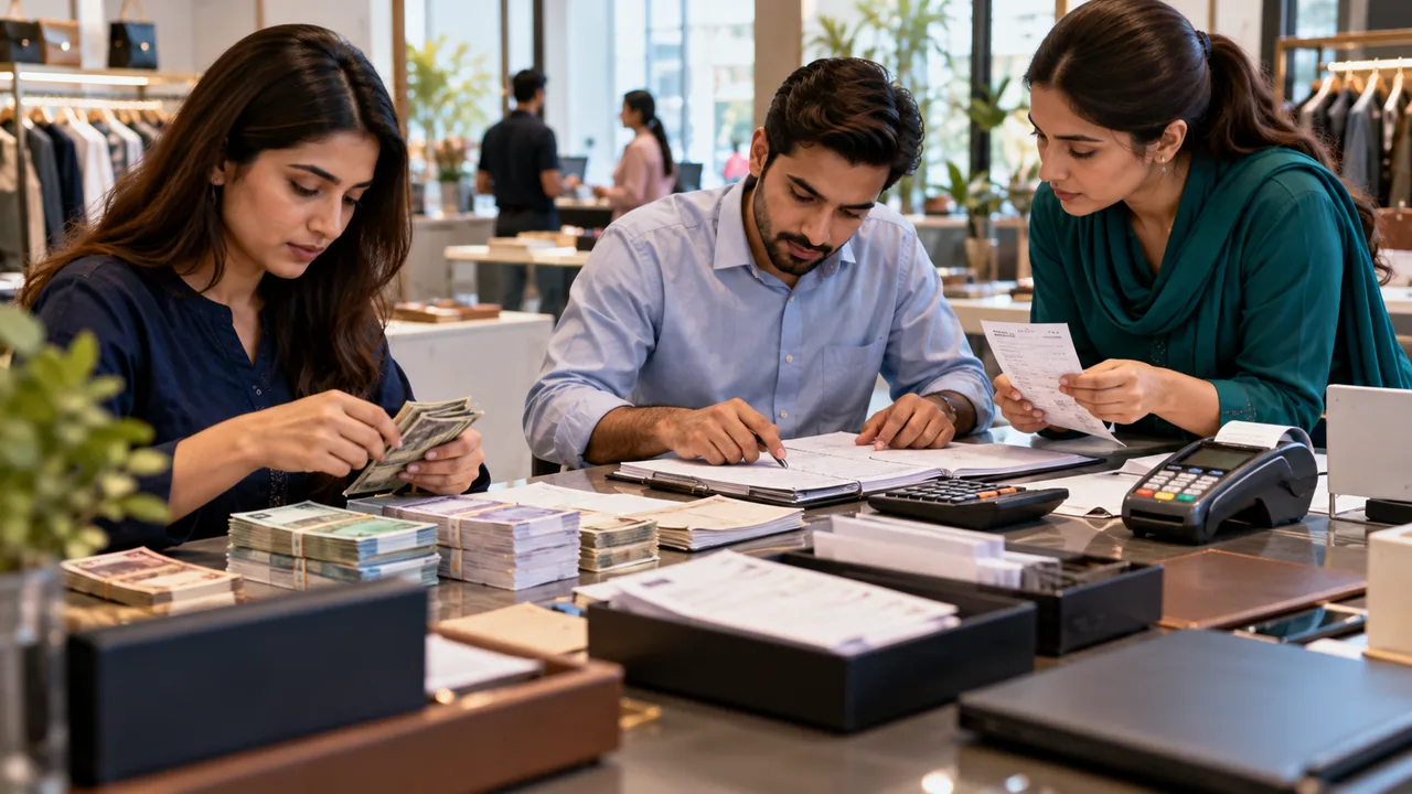 Editorial illustration: Finance staff reconcile printed records, a calculator and payment documents.