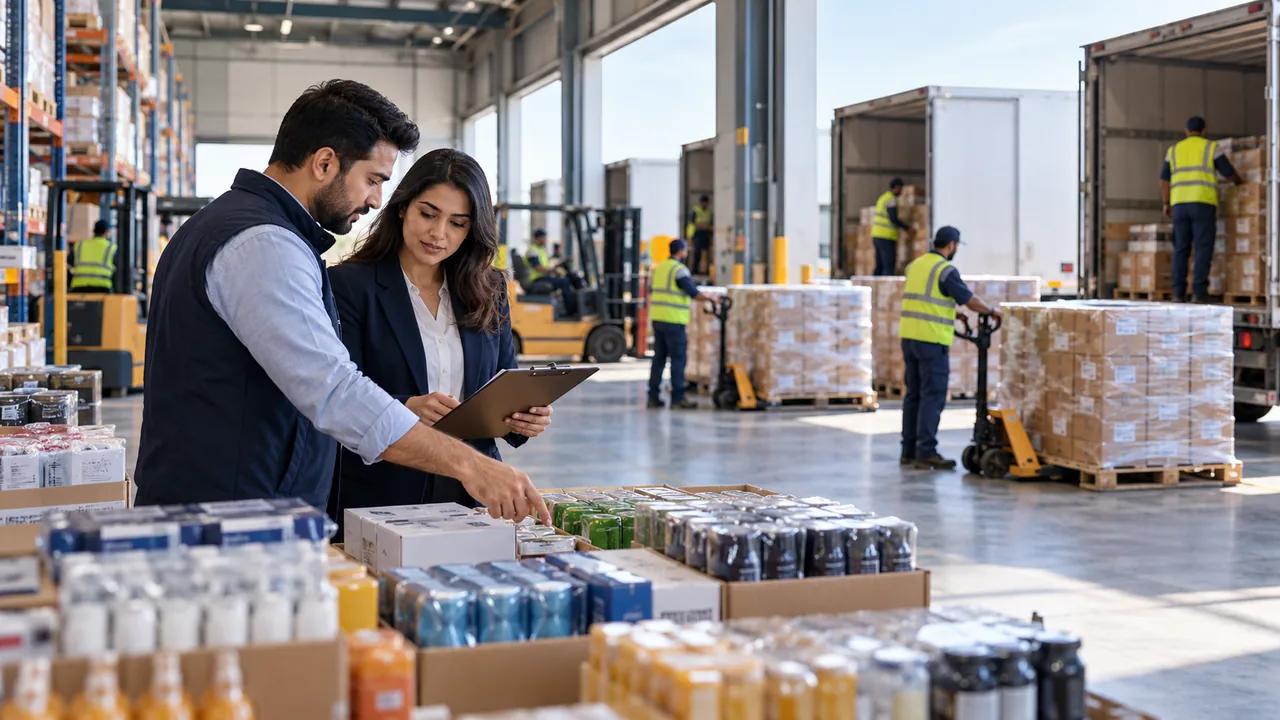 Editorial illustration: Premium architectural photograph of a distribution centre with several clearly separated outgoing store shipments, retail managers inspect the planned assortment.