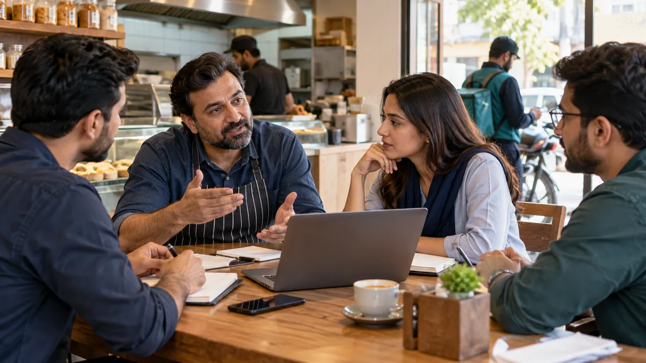 Editorial illustration: A business owner and software team discuss requirements at a meeting table.