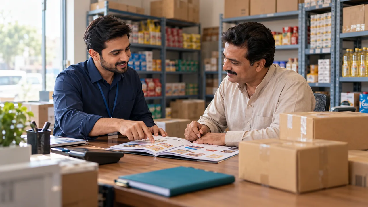 Editorial illustration: Wholesale sales representative and a shop owner agree an order at a tidy stockroom desk, catalogue and sealed boxes.