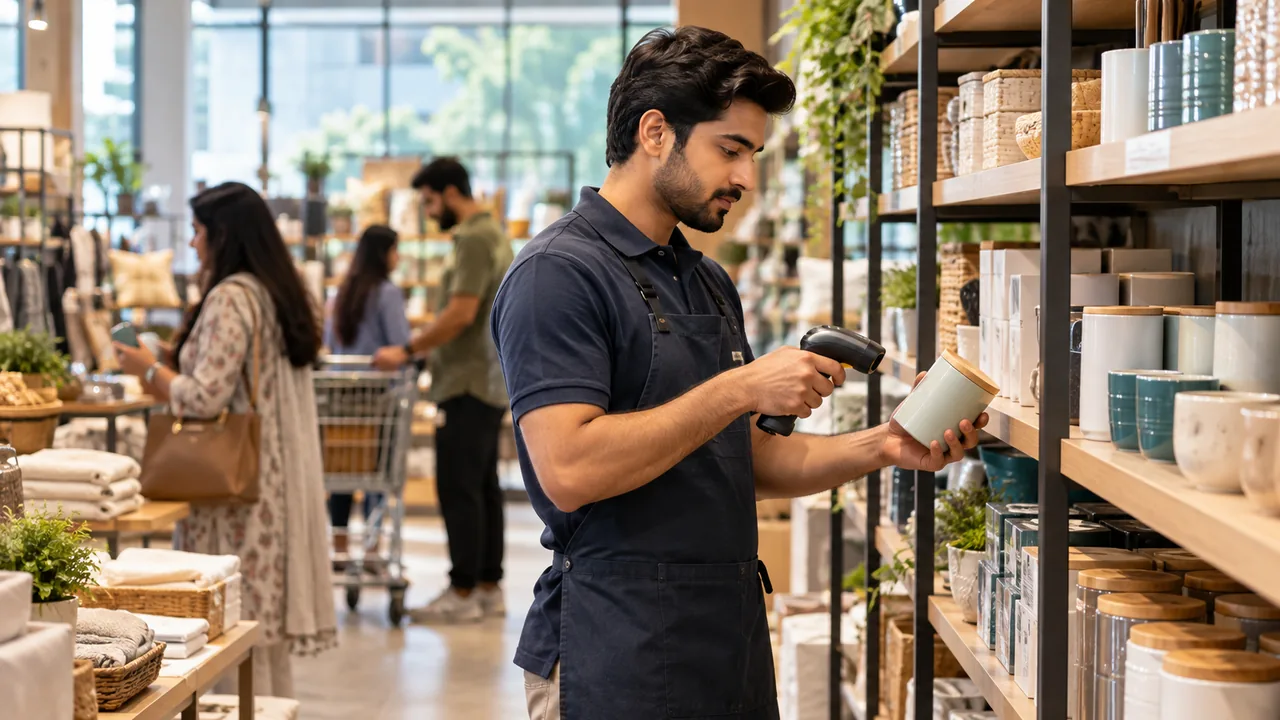 Editorial illustration: Retail stock employee uses a handheld scanner to count one organised shelf section during normal trading, other customers softly blurred in distance.