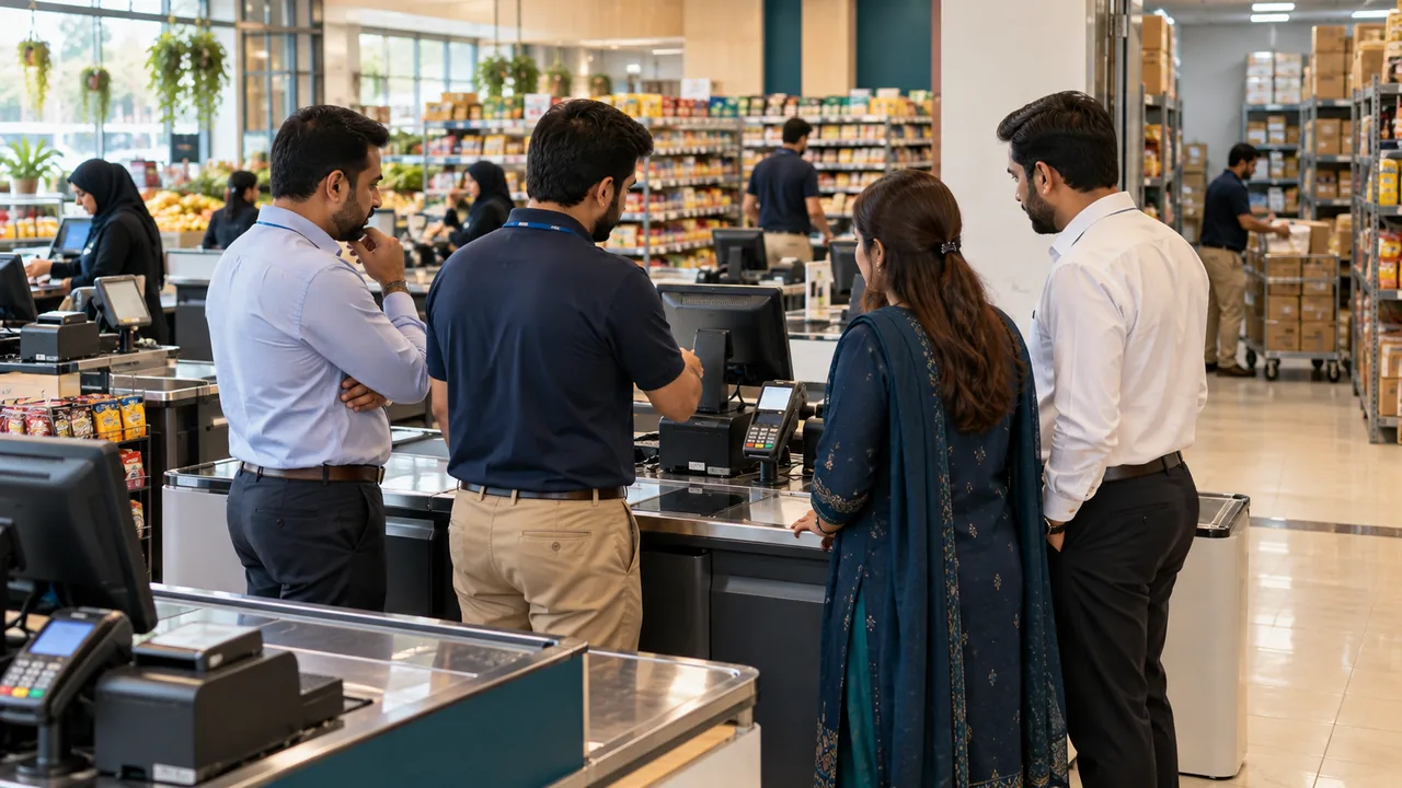 Editorial illustration: A retail team reviews a bank of checkout counters.