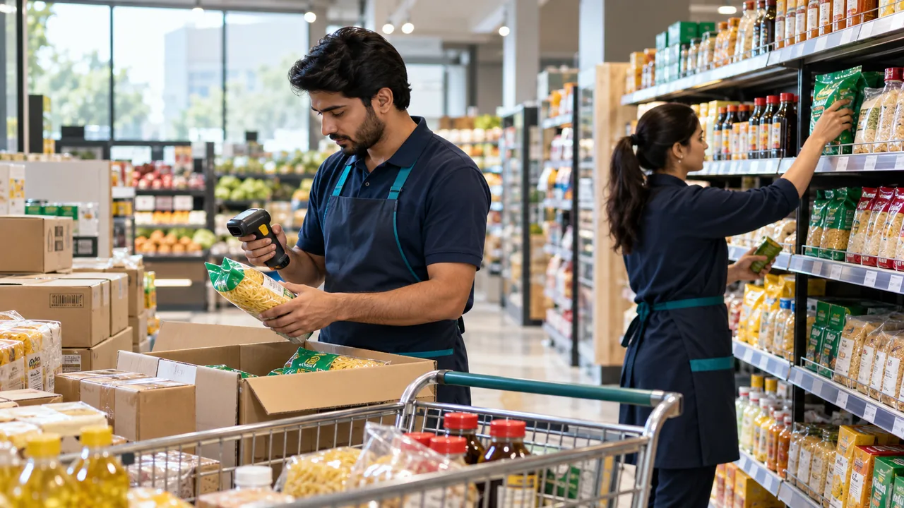 Editorial illustration: Grocery workers check products and shelves in a supermarket.