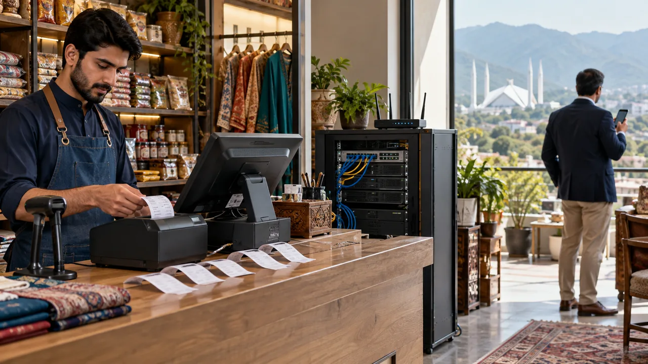Editorial illustration: A cashier checks printed records beside a POS terminal while another employee reviews branch information.