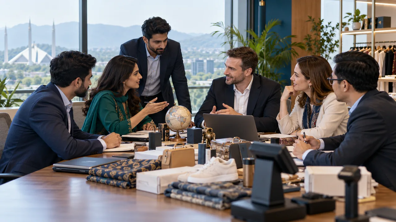 Editorial illustration: Professional Pakistani retail software team collaborates with an international business team in a modern meeting room, physical retail samples and devices facing away.