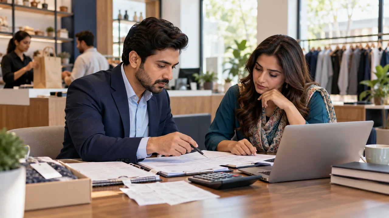 Editorial illustration: An accounts team reviews business records beside a laptop.