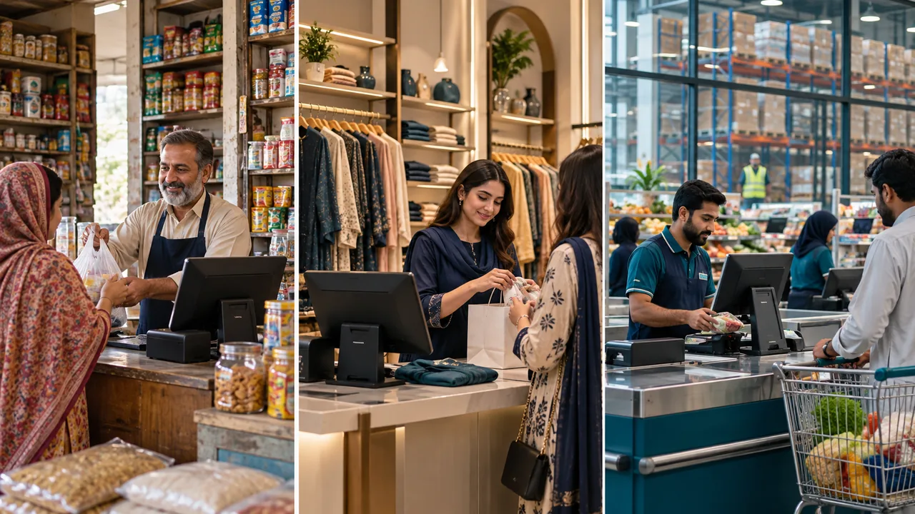 Editorial illustration: Retail, apparel and grocery checkout scenes illustrate different business configurations.
