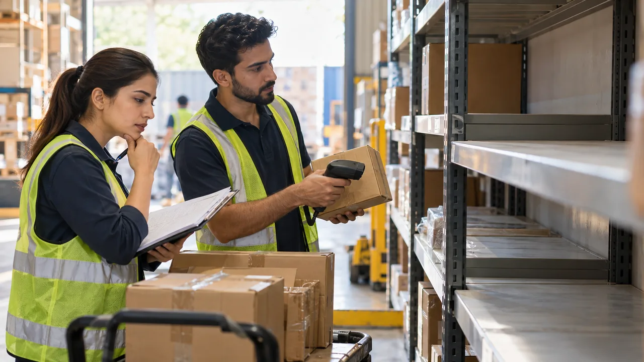 Editorial illustration: Stockroom staff carefully compare a nearly empty shelf with receiving cartons and a scanner, a thoughtful discrepancy investigation scene.