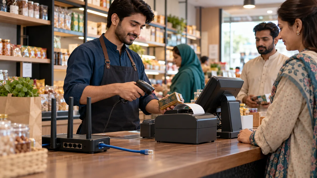 Editorial illustration: A warmly lit Pakistani retail counter continues serving customers while a disconnected external internet cable rests beside a router; local receipt printer and scanner are clearly in use.