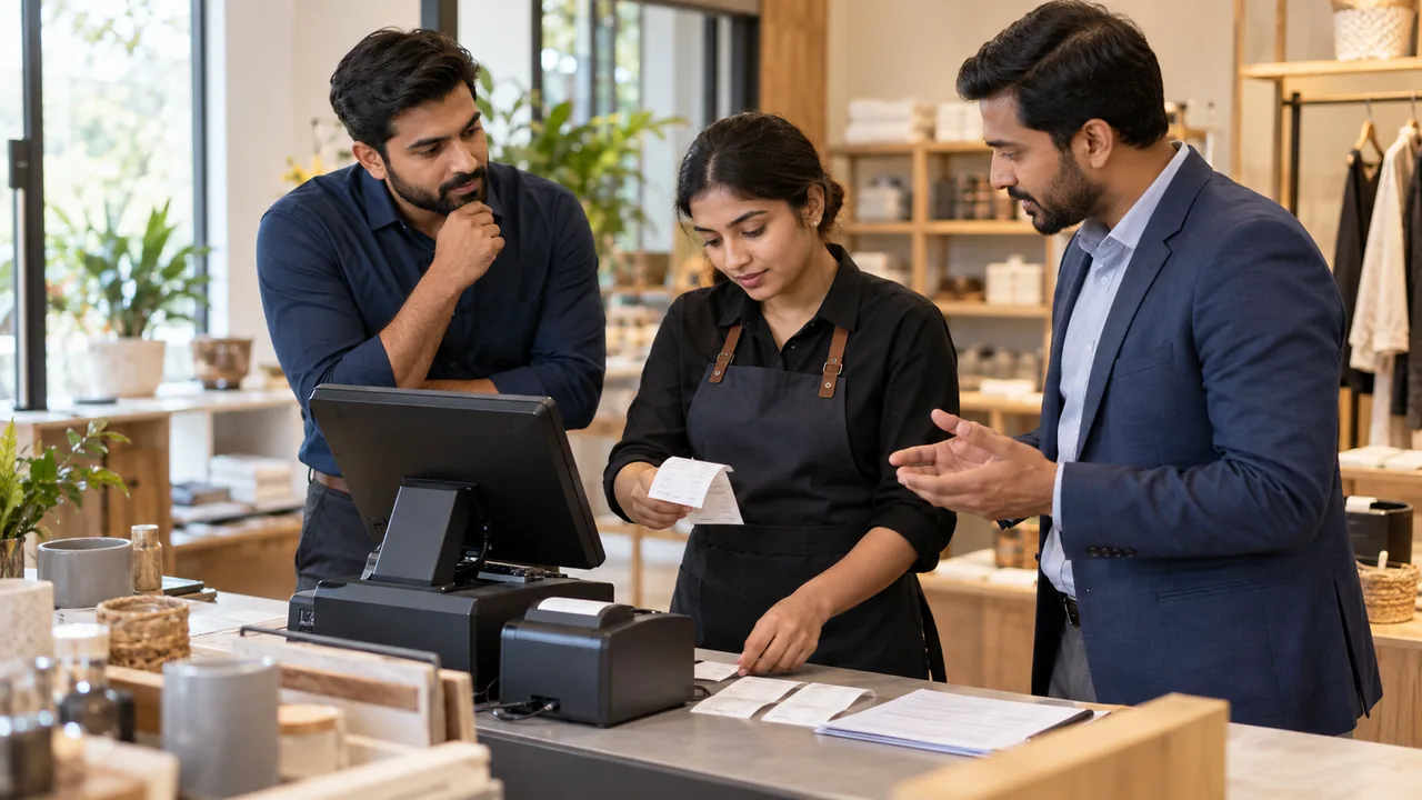 Editorial illustration: A cashier demonstrates a printed receipt while a team observes the checkout.