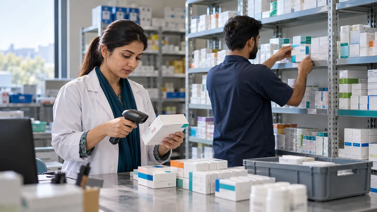 Editorial illustration: Pharmacy staff check medicine packs and shelf inventory.
