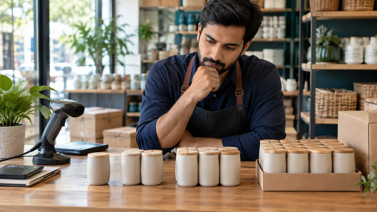 Editorial illustration: Groups of the same unbranded retail item arranged in increasing pack quantities beside a scanner and a closed calculator, thoughtful commercial still life.