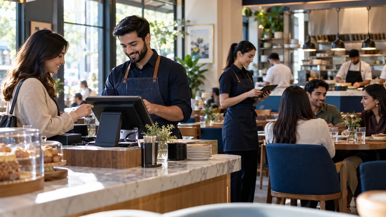 Editorial illustration: Restaurant staff coordinate an order between the counter and dining area.