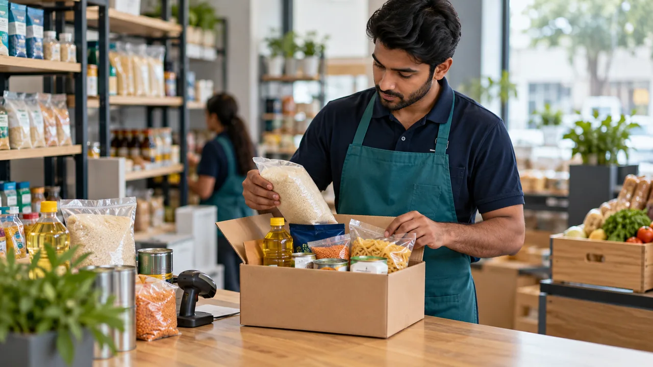Editorial illustration: A carefully styled retail bundle of grocery products on a checkout preparation table with a staff member comparing its contents, neutral unbranded packaging.