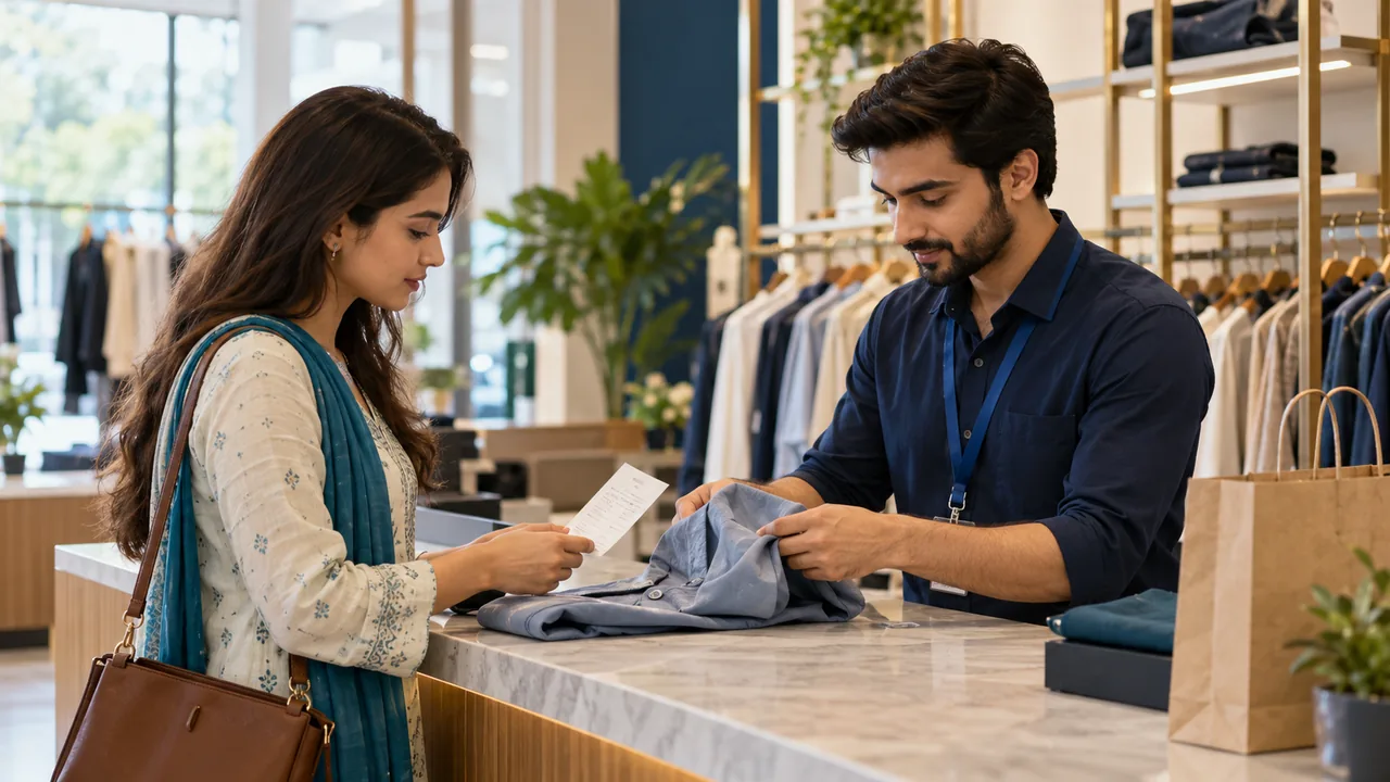 Editorial illustration: Customer and retail associate examine a returned garment with its receipt at a tidy service counter, respectful practical resolution.