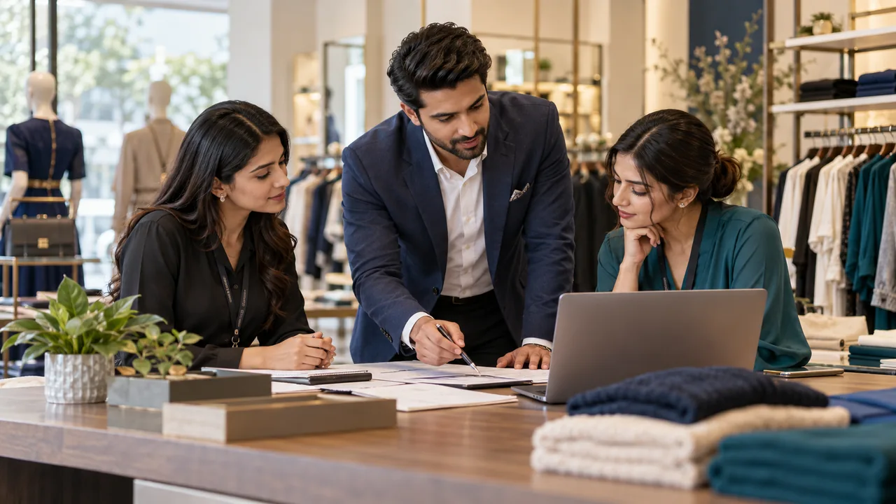Editorial illustration: Retail manager and two sales associates review performance together in a fashion store, supportive professional discussion rather than exaggerated celebration.