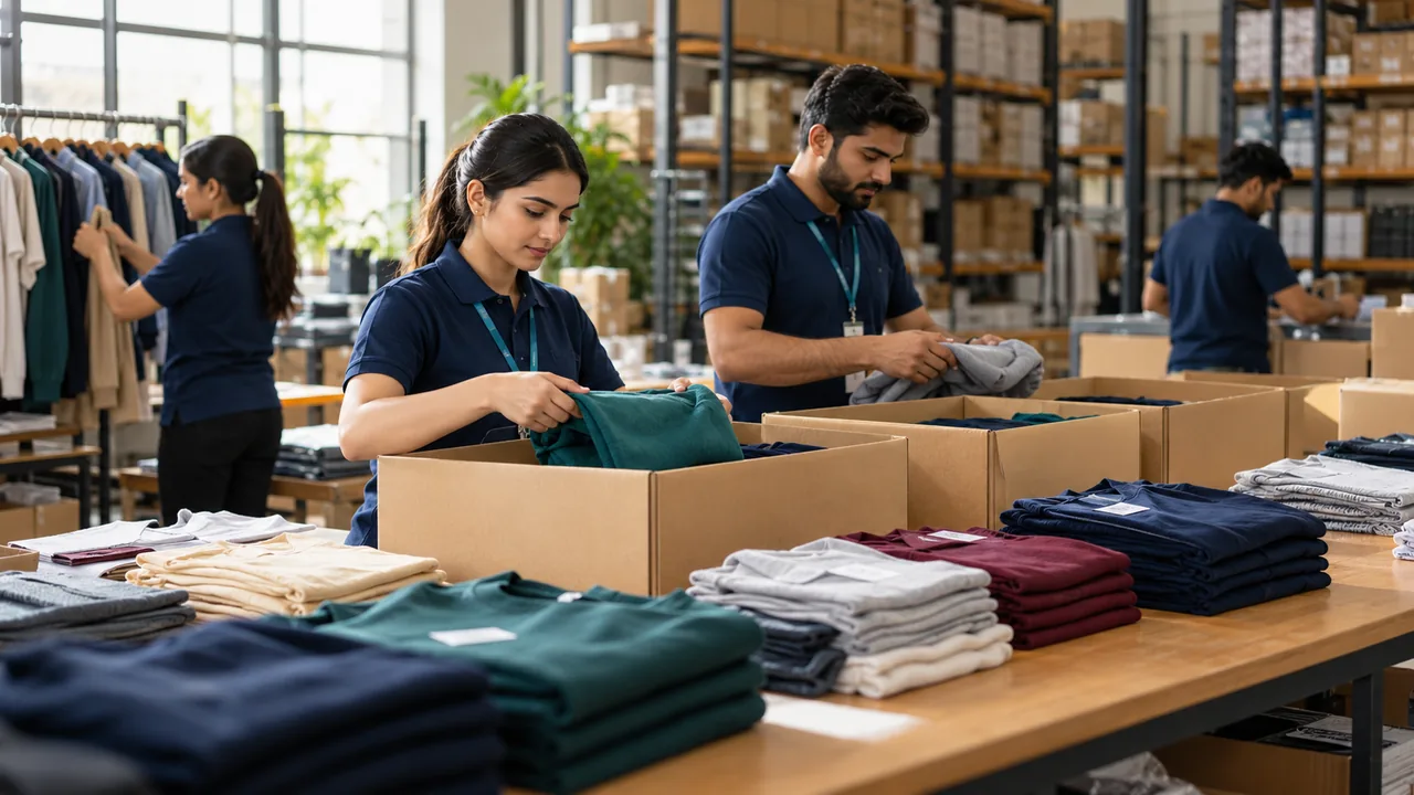 Editorial illustration: Apparel warehouse team allocates varied size and colour assortments into separate branch cartons, measured organized distribution workflow.
