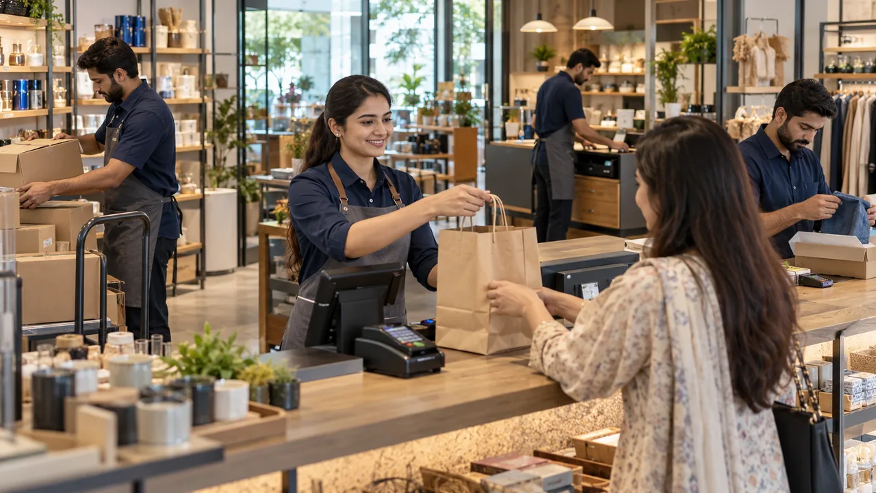 Editorial illustration: Retail team at four visible practical work areas within one coherent store, receiving products, serving a customer, reviewing a return and closing a counter.