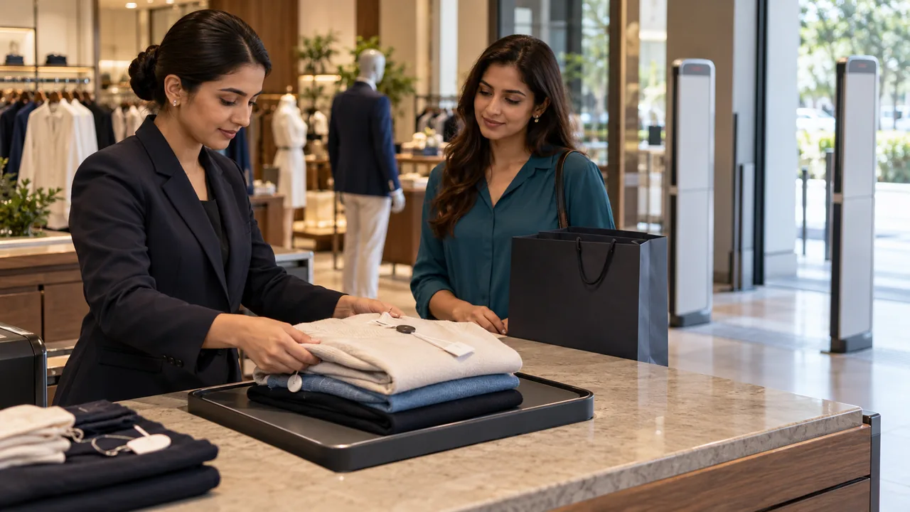 Editorial illustration: Sophisticated clothing-store checkout with a defined RFID reading tray, tagged garments and discreet exit gate pedestals in background.