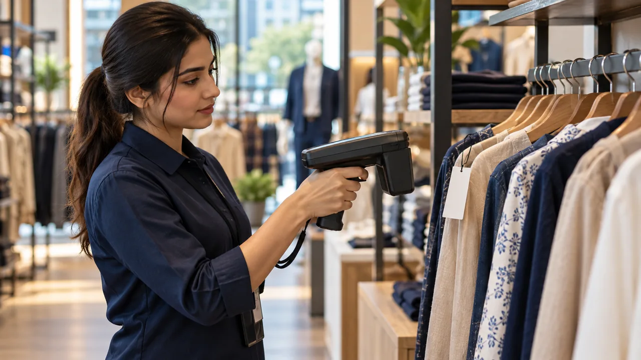 Editorial illustration: Retail employee uses a realistic handheld UHF RFID reader near a rack of tagged garments.
