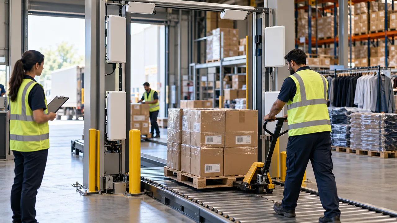 Editorial illustration: Modern warehouse receiving portal with realistic RFID antenna panels and orderly apparel cartons passing through a defined zone, staff supervising.