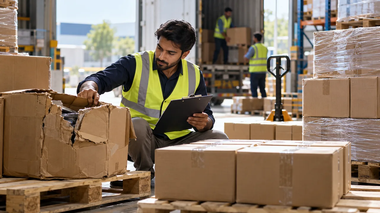 Editorial illustration: Warehouse receiver separates a damaged unbranded carton and checks a short delivery beside intact goods, careful exception handling.