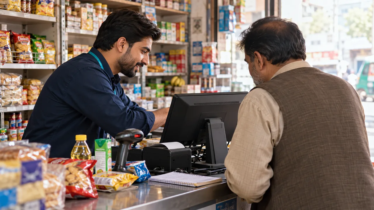 Editorial illustration: A small-shop owner assists a customer at a compact checkout counter.